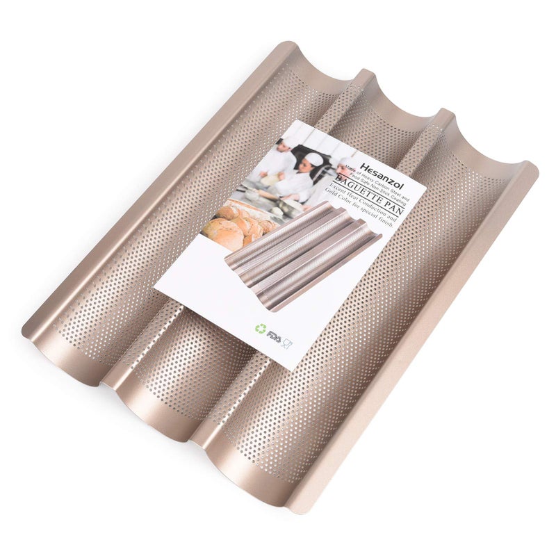 Hesanzol Baguette Pans for Baking 15" x 11", Carbon Steel 3 Loaf Nonstick Baguette Baking Tray for French & Italian Perforated French Bread Pan - Image 1